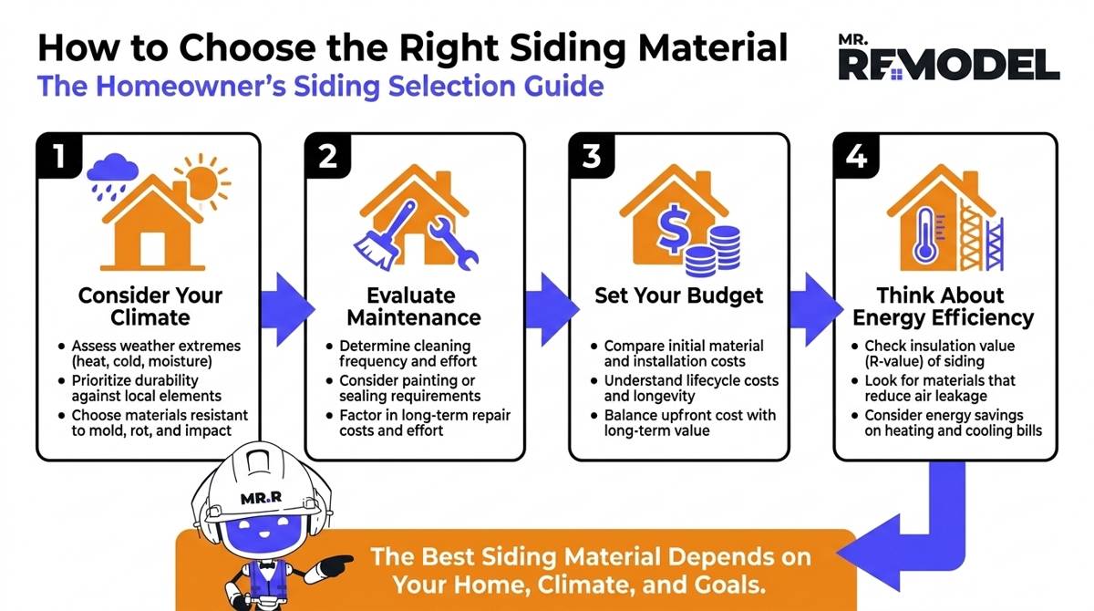 Homeowner decision flowchart showing how climate, maintenance, budget, and energy efficiency influence siding selection.